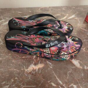 Ed Hardy Kim Fiji Multi Platform Flip Flop “kill” “love” skull graphic with box